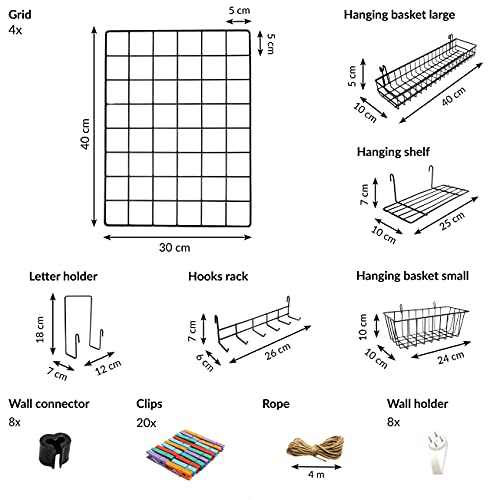 ODOXIA Juego de 4 Paneles de Rejilla Decoracion Pared con Accesorios | Incluye Cestas para Colgar, Ordenador de Cartas, Estante y Percheros | Decoración para Colgar en Casa, Oficina y Cocina