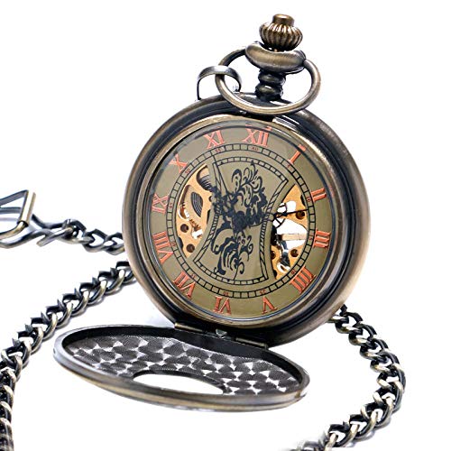 OIFMKC Reloj de Bolsillo Reloj de Bolsillo para Hombre Retro Bronce Steampunk Reloj de Bolsillo mecánico Único Hueco Número Romano Esqueleto Skyrim