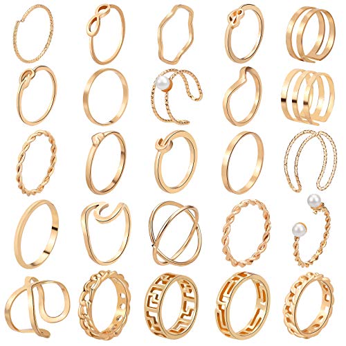 ONESING - Juego de 25 anillos apilables para nudillos, estilo boho vintage, apilables, para mujeres, niñas, anillos dorados, anillos de ajuste cómodo, paquetes de anillos de dedo para juntas