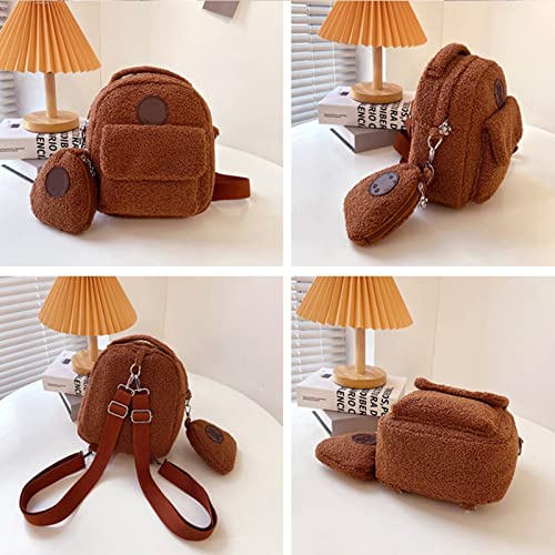 Opfree Mini Plush Backpack,Faux Fur Mini Backpack,Adjustable Strap Backpack,Casual Daily Use Backpack,Lightweight Bear Pattern Crossbody Bag with Coin Purse (white)