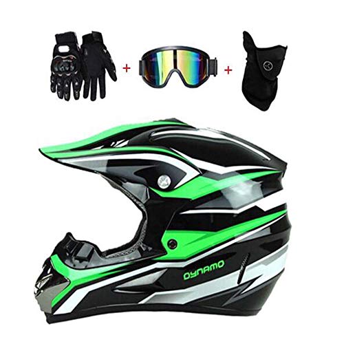 OUYA Casco de Motocross, Negro Verde Casco de Cross con Gafas Máscara Guantes, Niños y Niñas Motos Deportivas Off-Road Enduro Racing Downhill Casco ATV MTB BMX Quad Casco de Motocicleta,XL