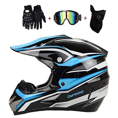 OUYA Cascos de Motocross, Casco de Cross de Moto con Gafas/Máscara/Guantes, Hombres Mujeres Deportes de Motos Off-Road Enduro Downhill Casco ATV MTB BMX Quad Cascos de Motocicleta, Negro Azul,S