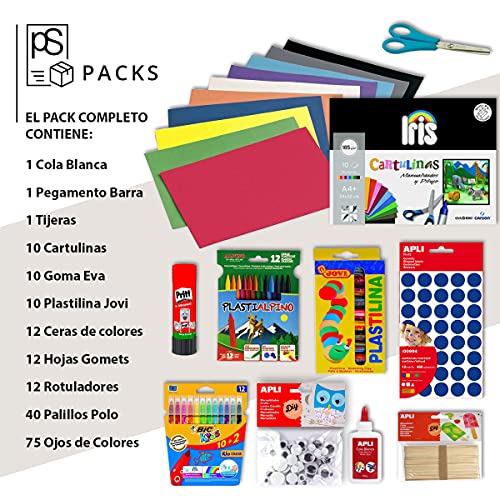 Pack Manualidades - PS-BASICS CRAFTS (ESENCIAL) - Kit de material para Manualidades: Cartulinas, Goma EVA, Pegamento, Cola, Tijeras. Productos de Papeleria al Mejor Precio