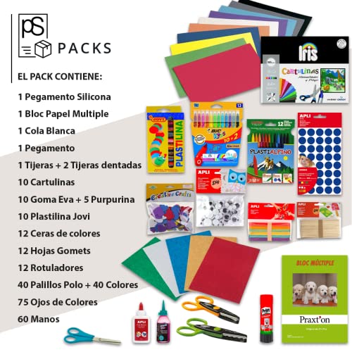 Pack Manualidades - PS-BASICS CRAFTS (PLUS) - Kit de material para Manualidades: Cartulinas, Goma EVA, Pegamento, Cola, Tijeras. Productos de Papeleria al Mejor Precio