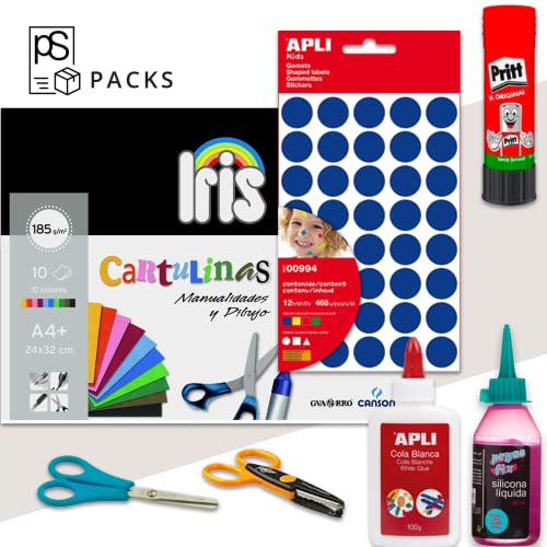 Pack Manualidades - PS-BASICS CRAFTS (PLUS) - Kit de material para Manualidades: Cartulinas, Goma EVA, Pegamento, Cola, Tijeras. Productos de Papeleria al Mejor Precio