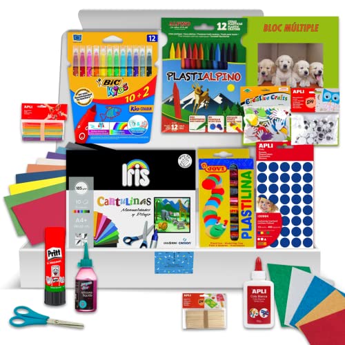Pack Manualidades - PS-BASICS CRAFTS (PLUS) - Kit de material para Manualidades: Cartulinas, Goma EVA, Pegamento, Cola, Tijeras. Productos de Papeleria al Mejor Precio