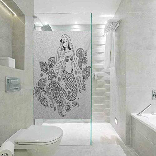 Película de privacidad esmerilada para ventana, figura de sirena con hoja ornamentada folklórica F, no adhesiva sin residuos, fácil de recortar películas para bloquear el sol, 35.4 x 78 pulgadas