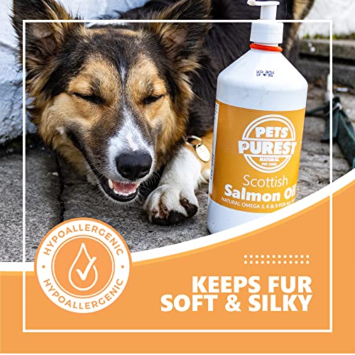 Pets Purest 100% Natural Premium Aceite de Salmón Escocés. Suplemento BARF Omega 3 6 y 9 Para Perros, Gatos, Caballos, Hurones y Mascotas. Promueve la Salud del Piel, las Articulaciones y el Cerebro