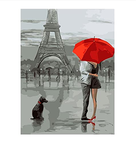 Pintura Por Números _ Torre Eiffel Paraguas Pareja Skyline _ Juegos De Pinturas Niñas _ Números Con Pinceles Y Pinturas _ 40X50Cm _ 【Giveaway 】Wooden Frames