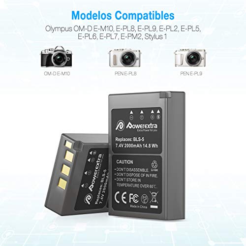 Powerextra Batería de Repuesto Olympus BLS-5 BLS-50 PS-BLS5 con Cargador Pantalla LCD para Olympus BLS-5 Olympus OM-D E-M10 Stylus 1 1s Pen E-PL2 E-PL3 E-PL5 E-PL6 E-PL7 E-PL8 E-PL9 E-P3 E-PM1 E-PM2