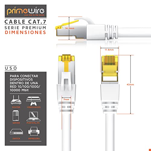Primewire 15m Cable de Red Gigabit Ethernet Cat 7-10000 Mbit s - Cable de Conexión - Cable Cat7 en Bruto con apantallamiento S FTP PIMF y Conector RJ45 - Punto de Acceso Switch Router Modem - blanco