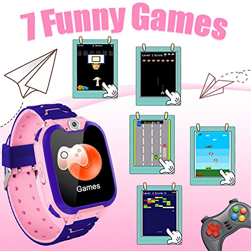 PTHTECHUS Reloj Inteligente para Niños de Pantalla Táctil con Juego de Música - Smartwatch para Niños Niña 3-12 Años con Llamada SOS Cámara calculadora, Rosa