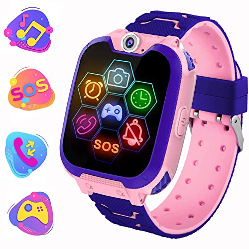 PTHTECHUS Reloj Inteligente para Niños de Pantalla Táctil con Juego de Música - Smartwatch para Niños Niña 3-12 Años con Llamada SOS Cámara calculadora, Rosa