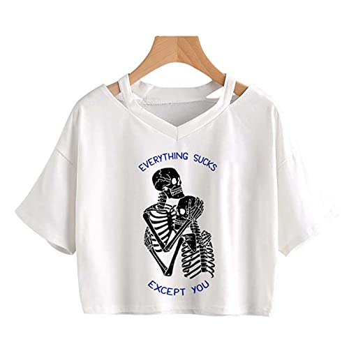 Punk Skull Grunge T-Shirt Women Skull and Cat Mom tee Loose Crop Tops Gothic Harajuku Aesthetic Shirt