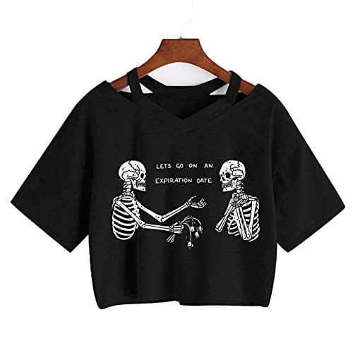 Punk Skull Grunge T-Shirt Women Skull and Cat Mom tee Loose Crop Tops Gothic Harajuku Aesthetic Shirt