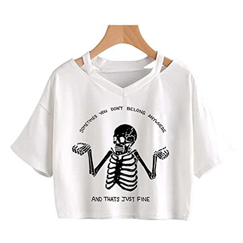 Punk Skull Grunge T-Shirt Women Skull and Cat Mom tee Loose Crop Tops Gothic Harajuku Aesthetic Shirt