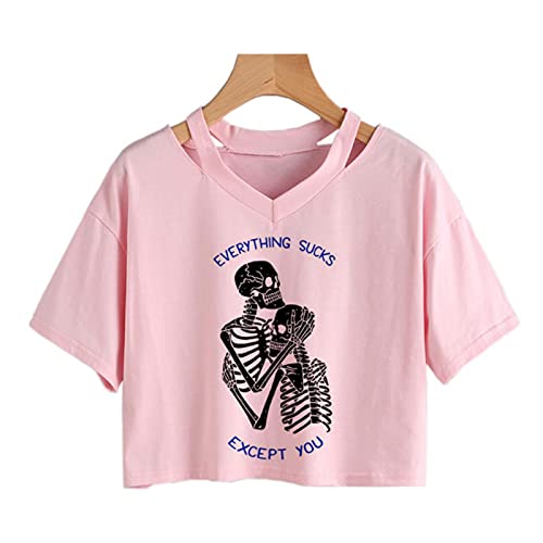 Punk Skull Grunge T-Shirt Women Skull and Cat Mom tee Loose Crop Tops Gothic Harajuku Aesthetic Shirt
