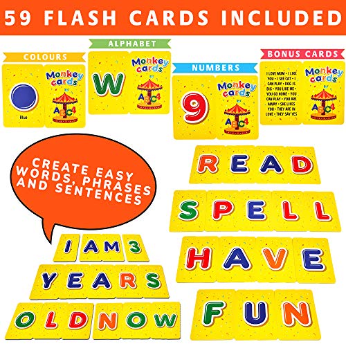Q honey Flash Cards de Monos para Niños | hasta 3 Fichas con Cada Letra, 10 Números, 7 Colores del Arcoíris | Abecedario para Niños | Aprende el ABC con Juegos Educativos (1. Español)