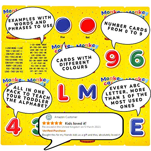 Q honey Flash Cards de Monos para Niños | hasta 3 Fichas con Cada Letra, 10 Números, 7 Colores del Arcoíris | Abecedario para Niños | Aprende el ABC con Juegos Educativos (1. Español)