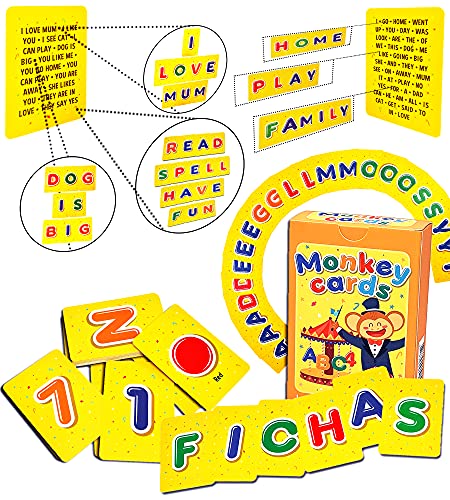 Q honey Flash Cards de Monos para Niños | hasta 3 Fichas con Cada Letra, 10 Números, 7 Colores del Arcoíris | Abecedario para Niños | Aprende el ABC con Juegos Educativos (1. Español)