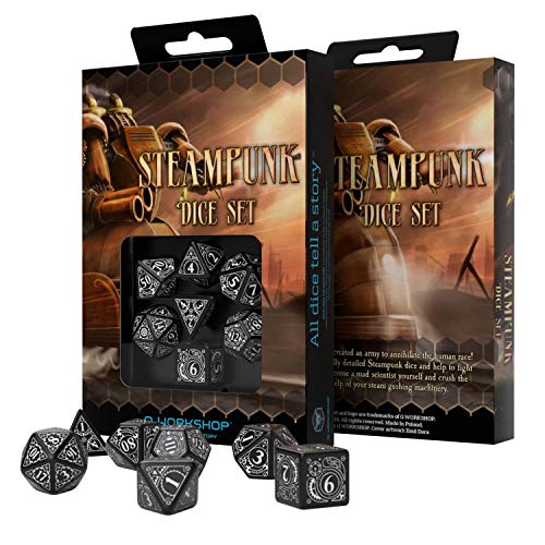 Q Workshop Steampunk Black & White RPG Dice Set 7 Polyhedral Pieces