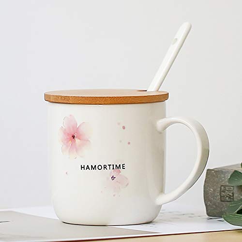 qingci Taza De Cerámica Taza Taza De Café 301-400Ml Sakura Cup Sakura Flowers + Bamboo Cover + Porcelain Spoon