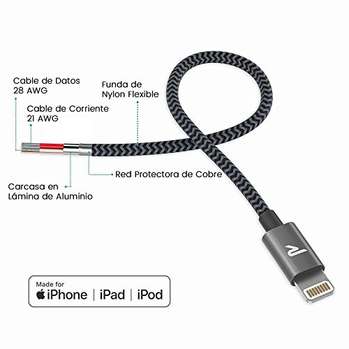 RAMPOW Cable iPhone Cable Lightning 2M Cargador iPhone [Apple MFi Certificado] Nylon Duradero Compatible con iPhone XS MAX XR X 8 Plus 7 Plus 6S 6 Plus 5 5S 5C SE iPad iPod y más - Gris Espacial