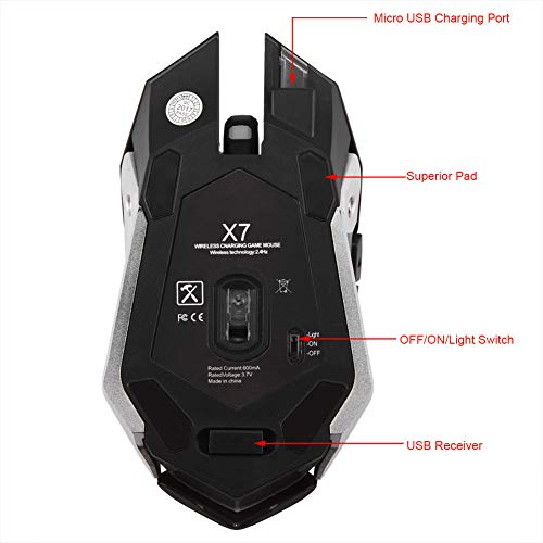 Ratón inalámbrico, 2.4G Ratón óptico inalámbrico USB para juegos Ratones silenciosos 6 botones Luz LED DPI ajustable para PC Computadora/Computadora portátil/Juego de deporte electrónico(Negro)
