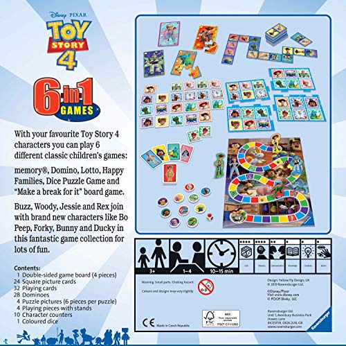 Ravensburger Disney Toy Story 4, juego 6 en 1 para niños y familias a partir de 3 años – Incluye 6 juegos clásicos: bingo, memoria, dominóes, serpientes y escaleras, damas y cartas de juego