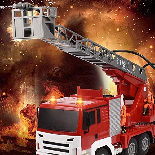 RC Fire Truck Electric Ladder Telescopic One-Key Spray 2.4G Remote Control Fire Engine Toy Car with LED Light and Simulated Sounds Best Xmas Gift for Children Adults (2 Batteries)