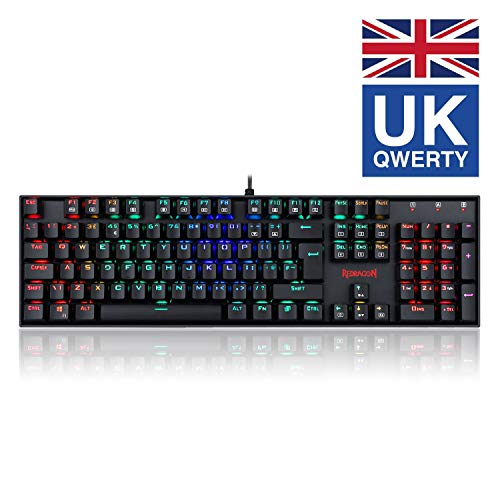 Redragon K551 Mechanical Gaming Keyboard Wired with Red Switches Cherry MX Equivalent for Windows Gaming PC UK Layout (RGB Backlit Black)