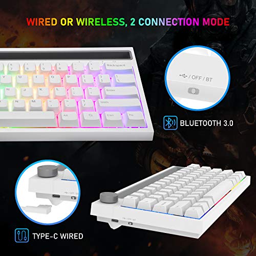RGB Teclado mecánico , RK61 con cable / inalámbrico Teclado Bluetooth 61 teclas Teclado LED para juegos con retroiluminación a prueba de agua Anti-efecto fantasma (Interruptor blanco / azul)