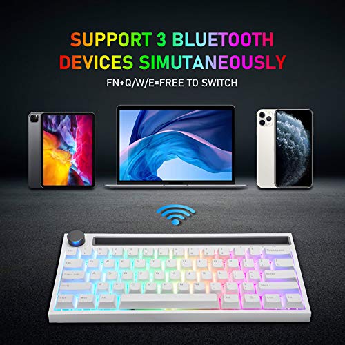 RGB Teclado mecánico , RK61 con cable / inalámbrico Teclado Bluetooth 61 teclas Teclado LED para juegos con retroiluminación a prueba de agua Anti-efecto fantasma (Interruptor blanco / azul)