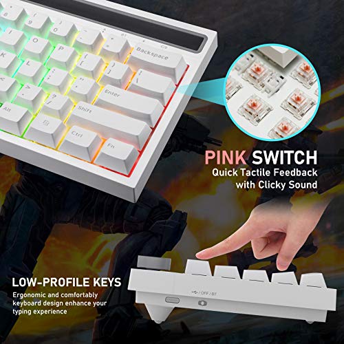RGB Teclado mecánico , RK61 con cable / inalámbrico Teclado Bluetooth 61 teclas Teclado LED para juegos con retroiluminación a prueba de agua Anti-efecto fantasma (Interruptor blanco / azul)