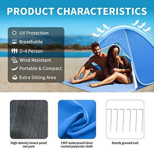 SAEYON XL Tienda de Playa, Pop up Tienda instantánea con Puerta Cremallera, Protección Solar Anti UV 50+ Beach Tienda de Campaña, Portátil para 2-5 Personas Playa Camping Viajes Pesca Picnic, Azul