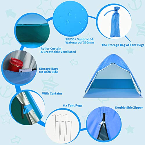 SAEYON XL Tienda de Playa, Pop up Tienda instantánea con Puerta Cremallera, Protección Solar Anti UV 50+ Beach Tienda de Campaña, Portátil para 2-5 Personas Playa Camping Viajes Pesca Picnic, Azul