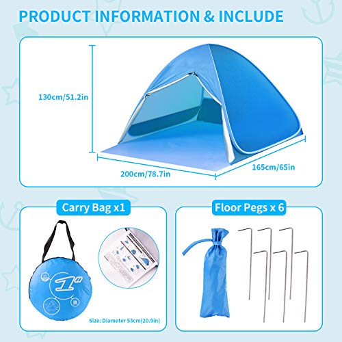 SAEYON XL Tienda de Playa, Pop up Tienda instantánea con Puerta Cremallera, Protección Solar Anti UV 50+ Beach Tienda de Campaña, Portátil para 2-5 Personas Playa Camping Viajes Pesca Picnic, Azul