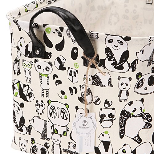 Sea Team Estampado Panda Lienzo y Lino Cesto Almacenamiento Juguetes con Asas Cuero PU Forro Impermeable USA Habitación Los Niños y Guardería