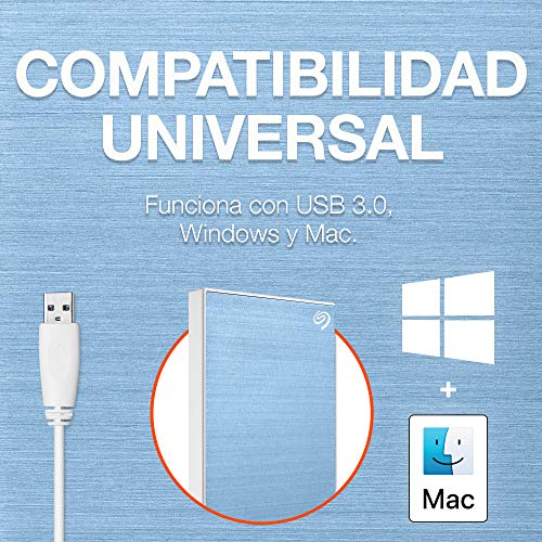 Seagate One Touch, 2 TB, Unidad Disco Duro Externa, Celeste, USB 3.0, PC, Mac, Ordenador, 1 año MylioCreate, 4 meses Plan Adobe Creative Cloud Photography, 2 años de servicios Rescue (STKB2000402)