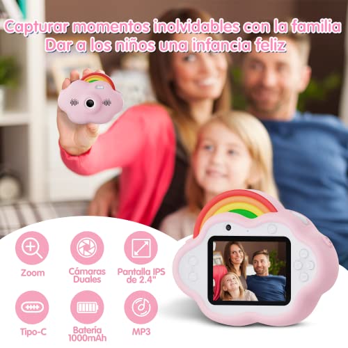Selvim Cámara Digital para Niños, 1080P 2.4" Selfie Vídeo Cámara Infantil con Fíltro Interesante, con Tarjeta TF de 32GB, Música y Juego, Regalo para niños, Diseño Original de Nube Arco Iris, Rosa