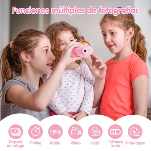 Selvim Cámara Digital para Niños, 1080P 2.4" Selfie Vídeo Cámara Infantil con Fíltro Interesante, con Tarjeta TF de 32GB, Música y Juego, Regalo para niños, Diseño Original de Nube Arco Iris, Rosa