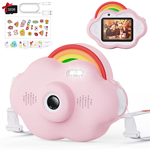 Selvim Cámara Digital para Niños, 1080P 2.4" Selfie Vídeo Cámara Infantil con Fíltro Interesante, con Tarjeta TF de 32GB, Música y Juego, Regalo para niños, Diseño Original de Nube Arco Iris, Rosa