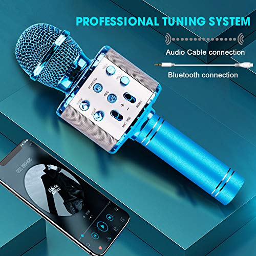 ShinePick Microfono Inalámbrico Karaoke, Micrófono Karaoke Bluetooth Portátil con Altavoz y LED para Niños Canta Partido Musica, Compatible con Android/iOS PC, AUX o Teléfono Inteligente (Azul)