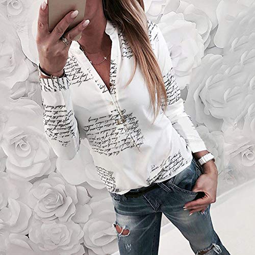 SHOBDW Mujeres V Cuello Blusa Pura Atractiva Grandes Suaves OL Ladies Sueltas Camisas de Bolsillo Tallas Tops Camisa de Manga Larga (XL, Blanco-3)
