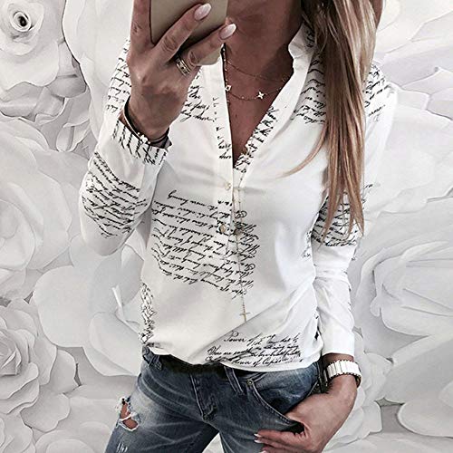 SHOBDW Mujeres V Cuello Blusa Pura Atractiva Grandes Suaves OL Ladies Sueltas Camisas de Bolsillo Tallas Tops Camisa de Manga Larga (XL, Blanco-3)