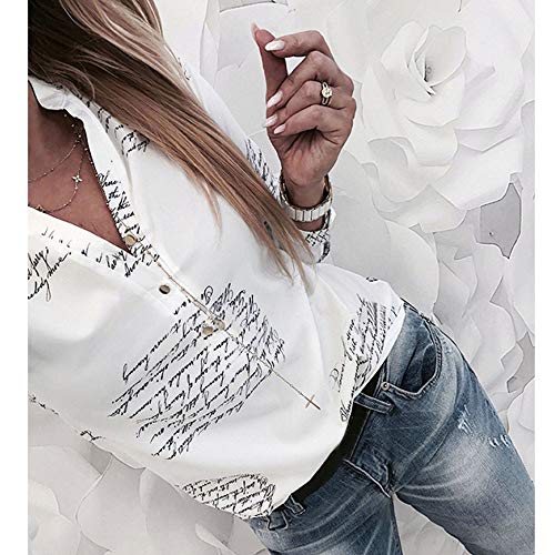 SHOBDW Mujeres V Cuello Blusa Pura Atractiva Grandes Suaves OL Ladies Sueltas Camisas de Bolsillo Tallas Tops Camisa de Manga Larga (XL, Blanco-3)