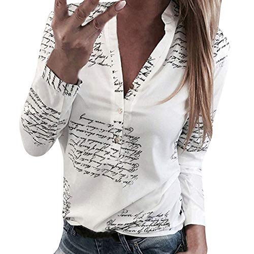 SHOBDW Mujeres V Cuello Blusa Pura Atractiva Grandes Suaves OL Ladies Sueltas Camisas de Bolsillo Tallas Tops Camisa de Manga Larga (XL, Blanco-3)