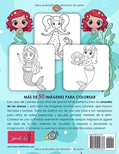 Sirenas - Libro de Colorear para Niños: Más de 50 páginas para colorear con hermosas y cariñosas Sirenas para Niños de 4 a 8 años. (Regalos para niños, Gran formato)