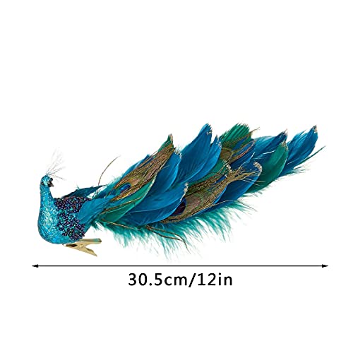 SJDWDX 4 clips de pavo real de árbol de Navidad, 30,5 cm simulación tridimensional azul pavo real plumas naturales con clips de metal para decoración de festivales en el hogar