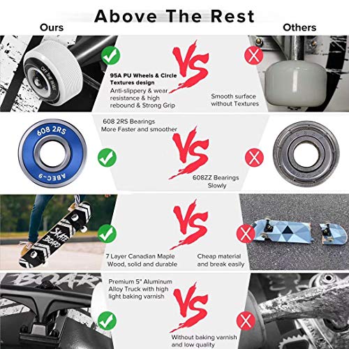 Skateboard Completo, Funxim Tabla de Skateboard 31 x 8 Pulgadas 4 Ruedas 7 Capas Madera de Arce Doble Patada Rueda Completa para Monopatín Skateboard para Principiantes Hombres y Mujeres Jóvenes Niños